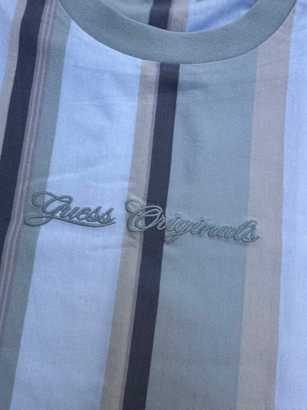 Guess Men's Vertical Stripe Short Sleeve Tee in Light Blue and Gray - Picture 4 of 5